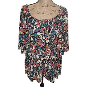 Chenault Floral Ruched Smocked Bell Sleeve Women's Peplum Blouse Top Plus 3X New